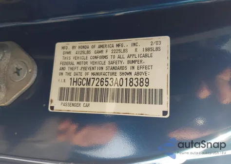 2003 Honda Accord 2.4 Ex z USA, uszkodzony, nr VIN 1HGCM72653A018389